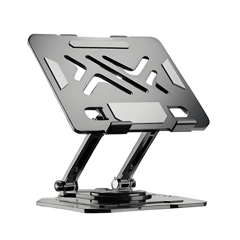 A silver adjustable dual rod tablet and phone stand with a modern, geometric design.