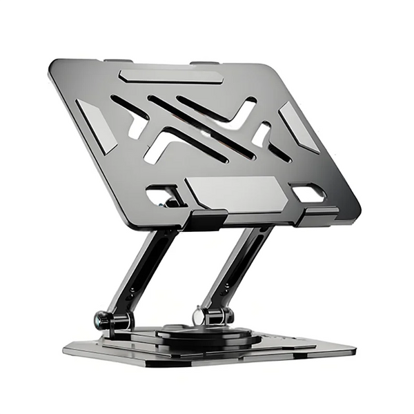 A silver adjustable dual rod tablet and phone stand with a modern, geometric design.