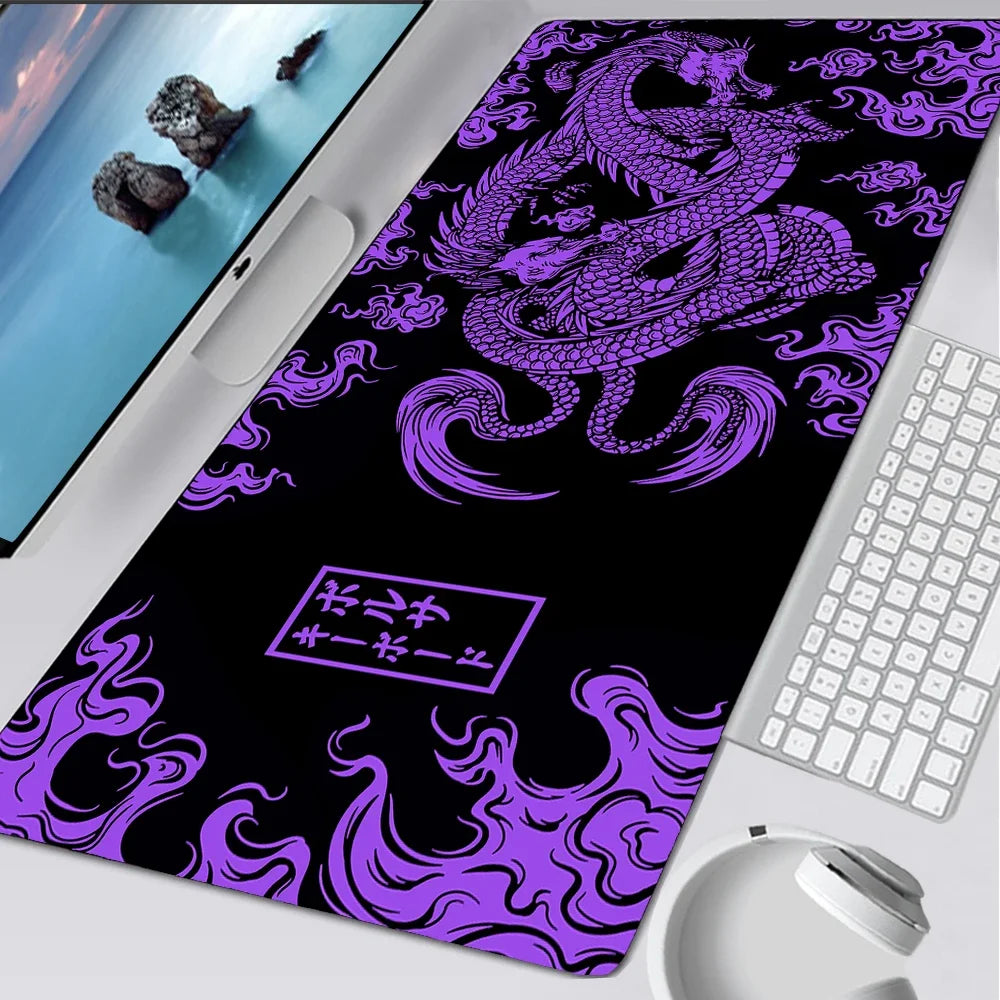 A purple and white Japan-style gaming desk mat featuring a detailed dragon design on a black background.