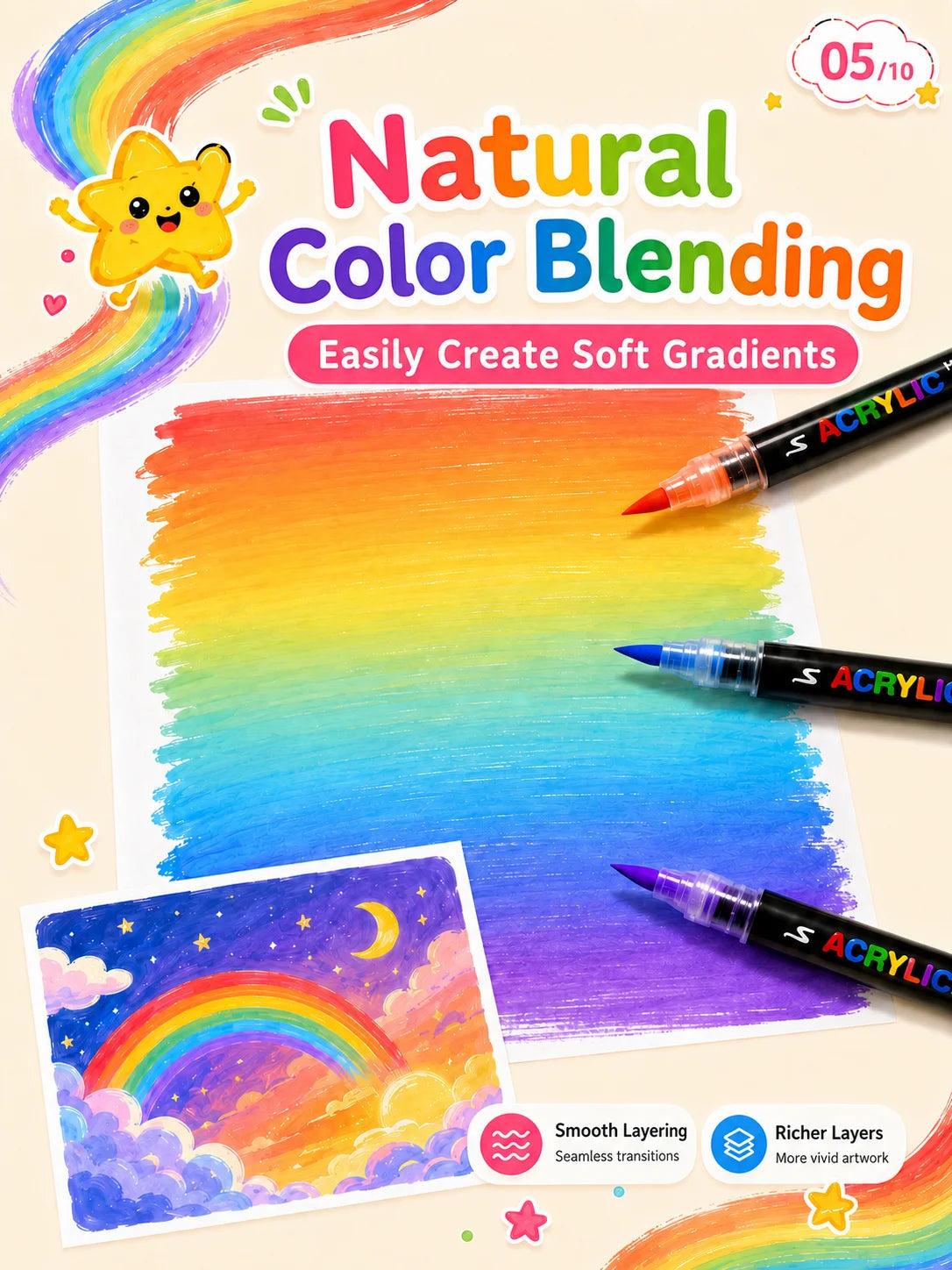 Colorful paint pens creating soft gradients and rainbows on paper