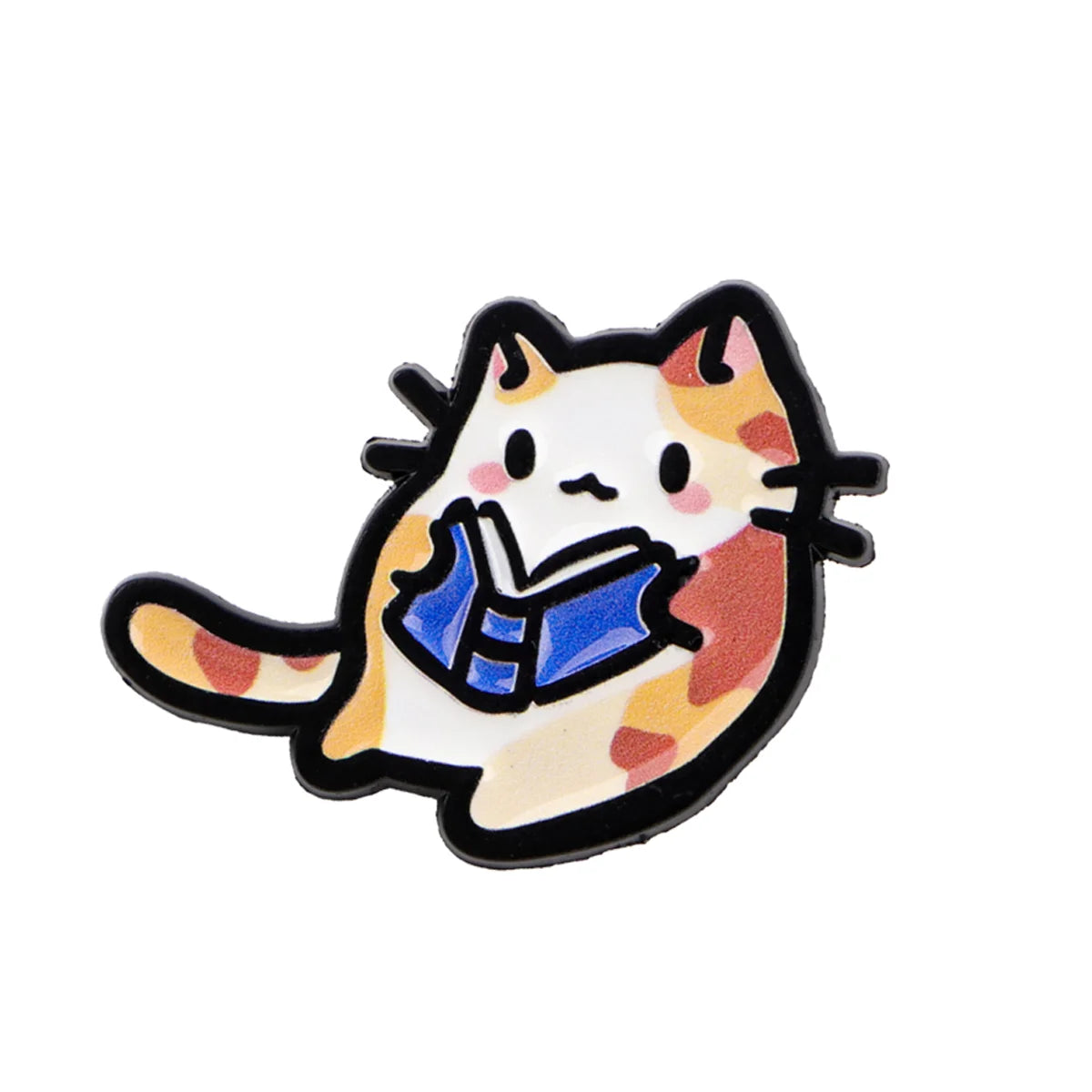 A cute cat lapel pin made of enamel featuring a cat reading a book