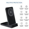 A black magnetic foldable wireless charging stand showing various protection features like overcharging and short-circuit pro
