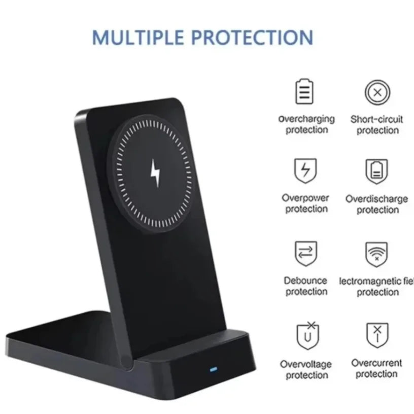 A black magnetic foldable wireless charging stand showing various protection features like overcharging and short-circuit pro