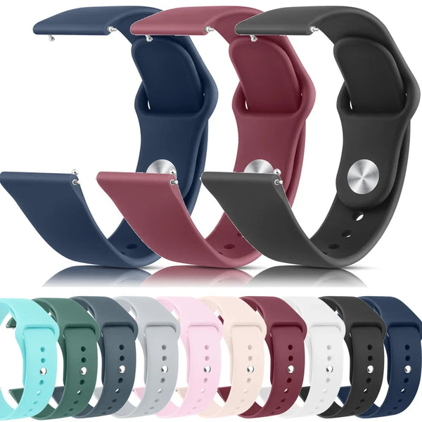 A collection of silicone quick release watch bands in various colors and finishes displayed on a white background.