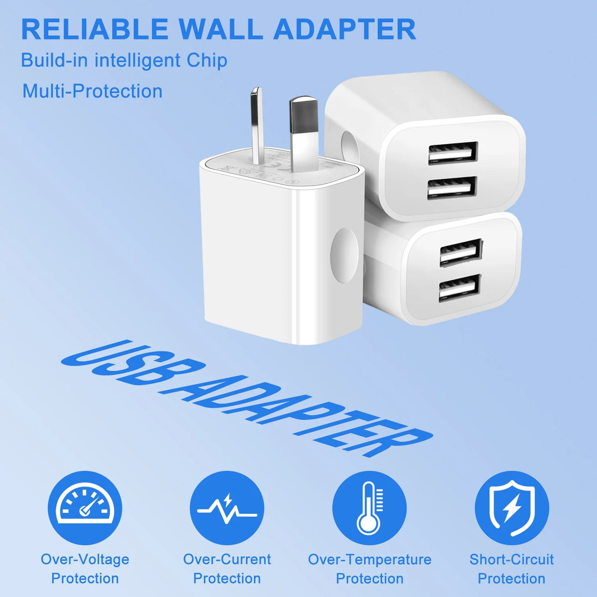 White wall adapter with dual ports featuring intelligent chip and multi-protection features.