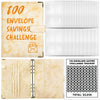 A set of 100 envelope savings challenge trackers and a marble budget binder for saving money.