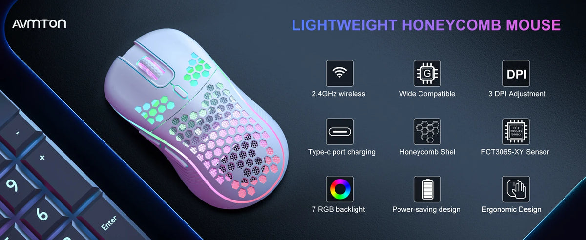 A lightweight honeycomb gaming mouse with pink and green accents shown next to a keyboard.