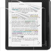 A black Kobo e-reader displaying a page of text with clear plastic anti-glare screen protectors applied.