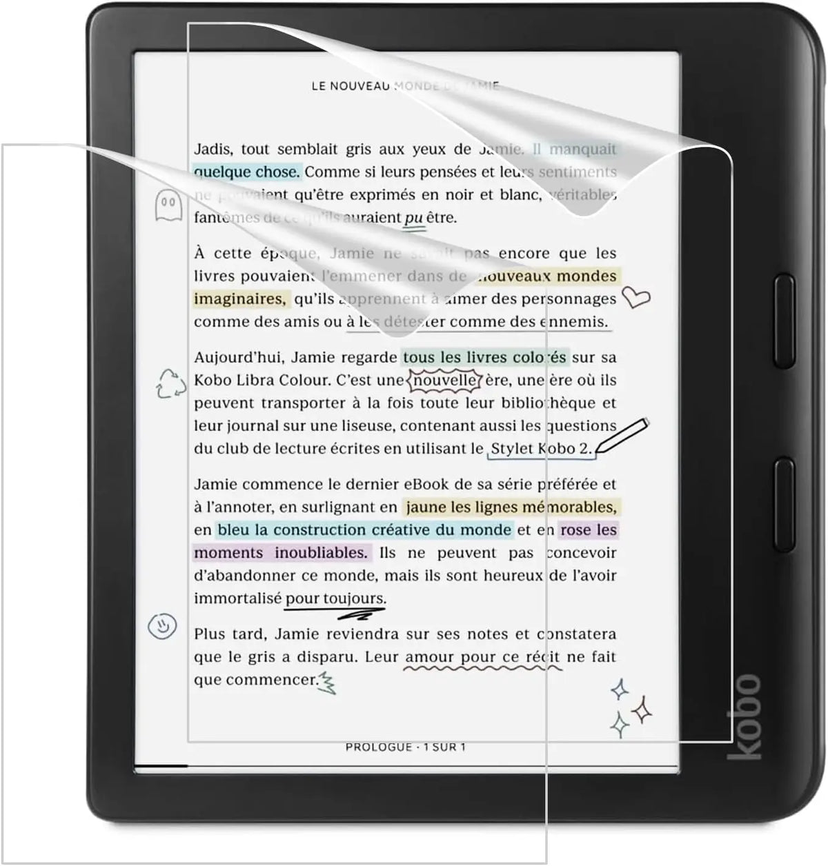 A black Kobo e-reader displaying a page of text with clear plastic anti-glare screen protectors applied.
