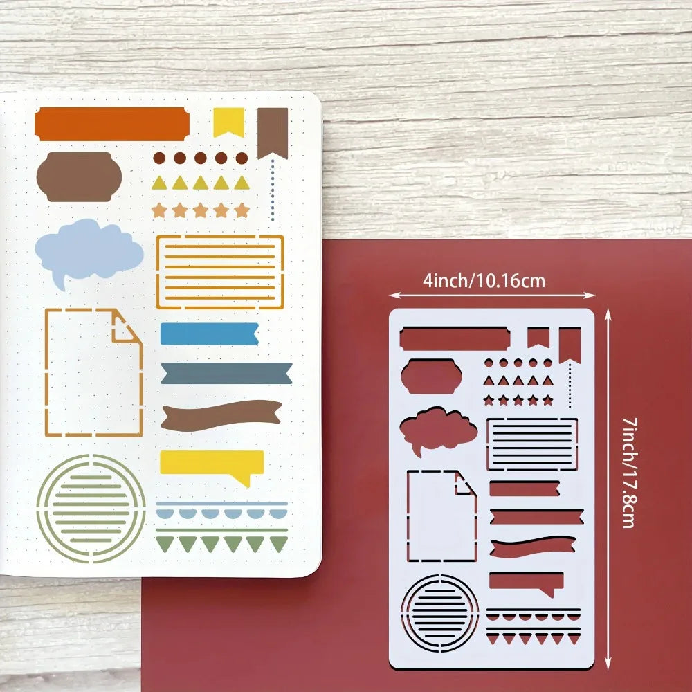A set of reusable journal stencils featuring various patterns and shapes for scrapbooking and drawing on a white card and a r
