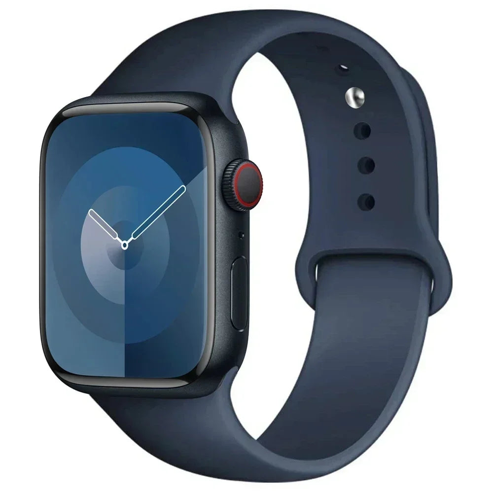 A dark blue silicone sport band for an Apple Watch shown on a white background.