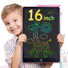 A smiling boy holds a pink drawing tablet displaying a green giraffe outline on a black screen.