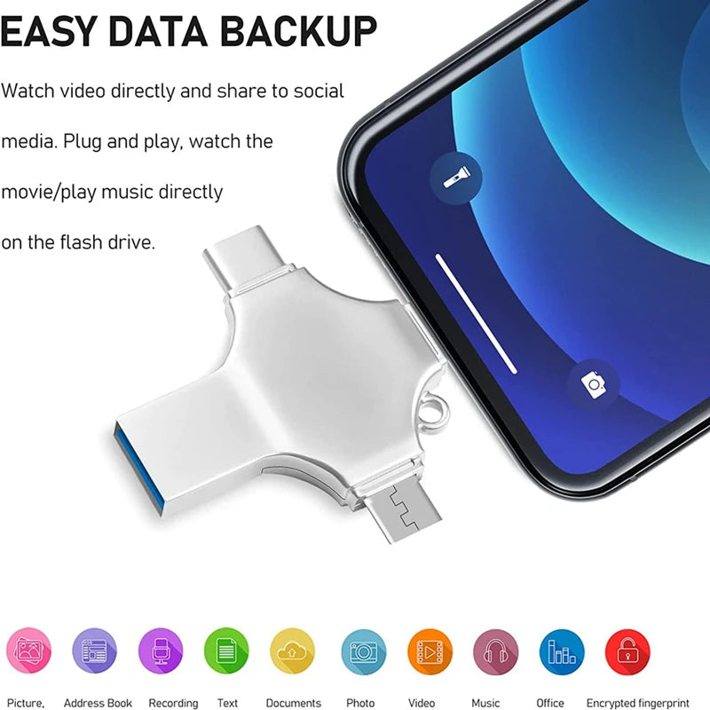 A silver multi-capacity USB 3.0 flash drive is shown next to an iPhone, illustrating easy data backup and playback.