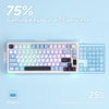 A white gaming keyboard showing 75 percent key coverage and a blue layout, with a separate keyboard shown next to it.