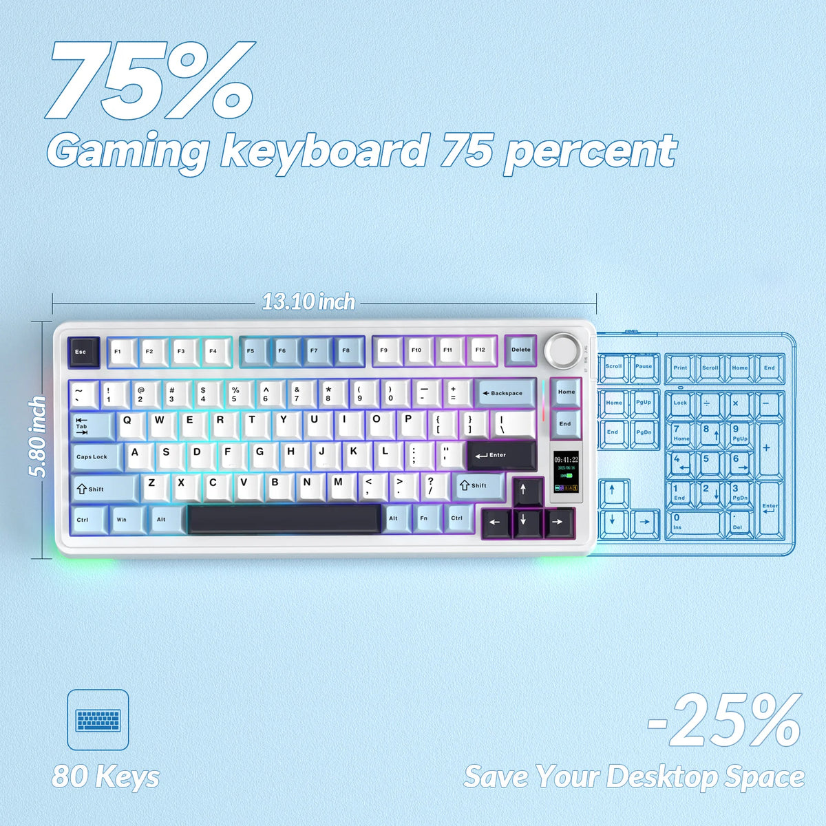 A white gaming keyboard showing 75 percent key coverage and a blue layout, with a separate keyboard shown next to it.
