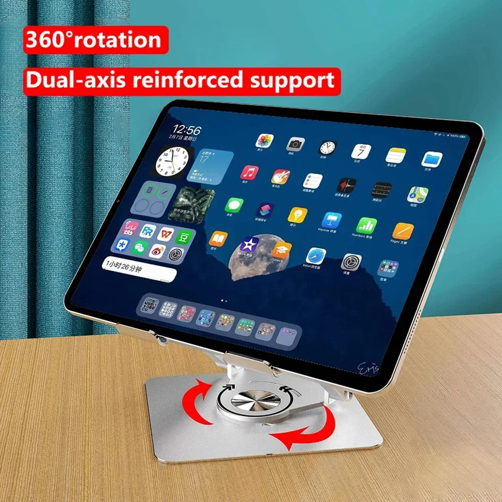 A foldable tablet is shown mounted on a dual-axis reinforced stand, demonstrating 360° rotation capability.