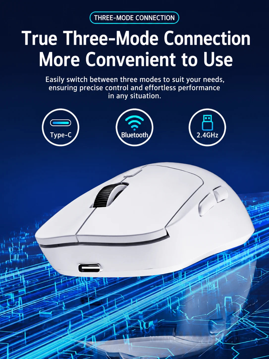 Souris blanche sur fond de circuit imprimé bleu, illustrant les capacités de connexion en trois modes.