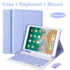 A purple Bluetooth keyboard case for an iPad, showing the case, keyboard, and mouse.