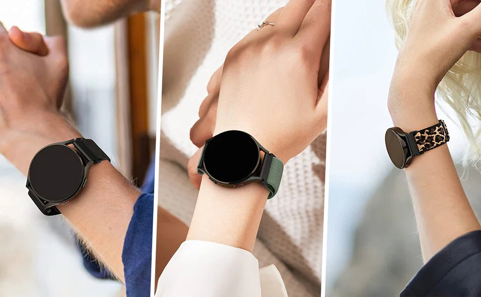 Close-up shots of a black adjustable elastic sports band worn on wrists, demonstrating its fit and use with Garmin watches.