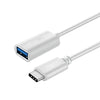 Silver USB-C to USB-A adapter cable with a connector on one end and a plug on the other.