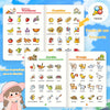 Buntes spanisches Lernbuch für Kinder mit Früchten, Gemüse, Gartengegenständen und Farmtieren.