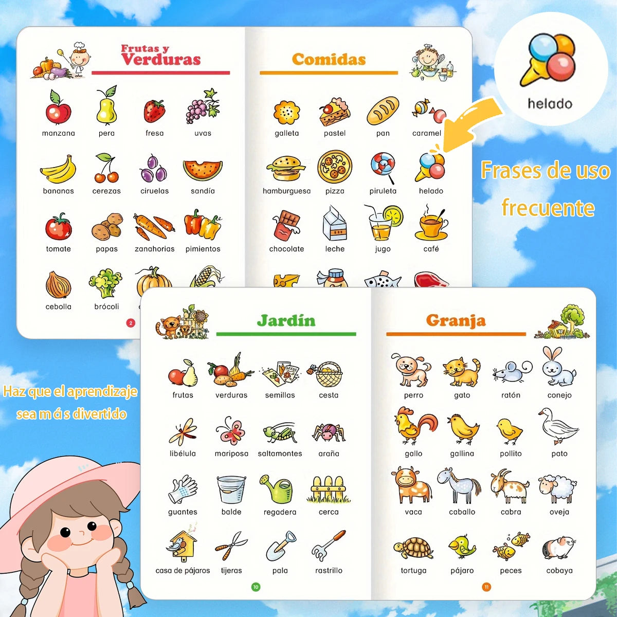 Buntes spanisches Lernbuch für Kinder mit Früchten, Gemüse, Gartengegenständen und Farmtieren.