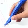 A hand holds a blue portable magnetic staple remover tool against a white surface.