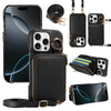 Black premium PU leather phone case with wallet and card slots shown alongside a smartphone and accessories.