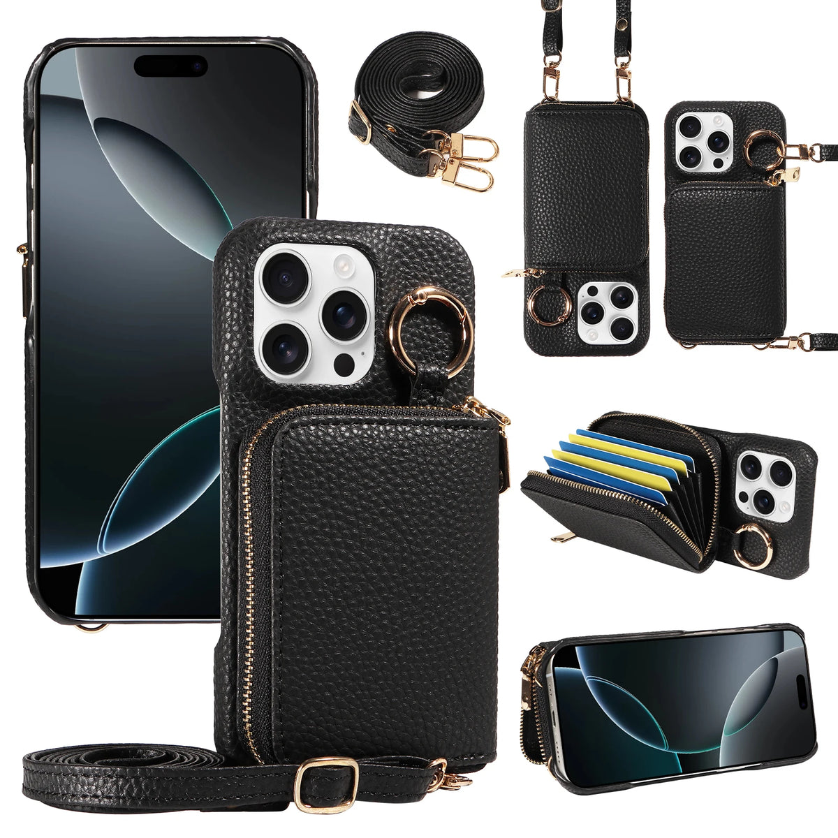Black premium PU leather phone case with wallet and card slots shown alongside a smartphone and accessories.