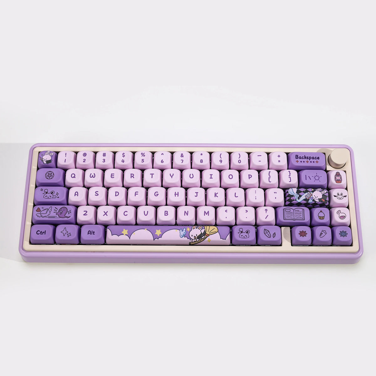 A purple Magic Bunny PBT keycap set featuring a KOA profile and dye-sublimated design.