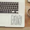 A close-up view of a laptop keyboard with vinyl shortcut stickers for Windows, Excel, and Word