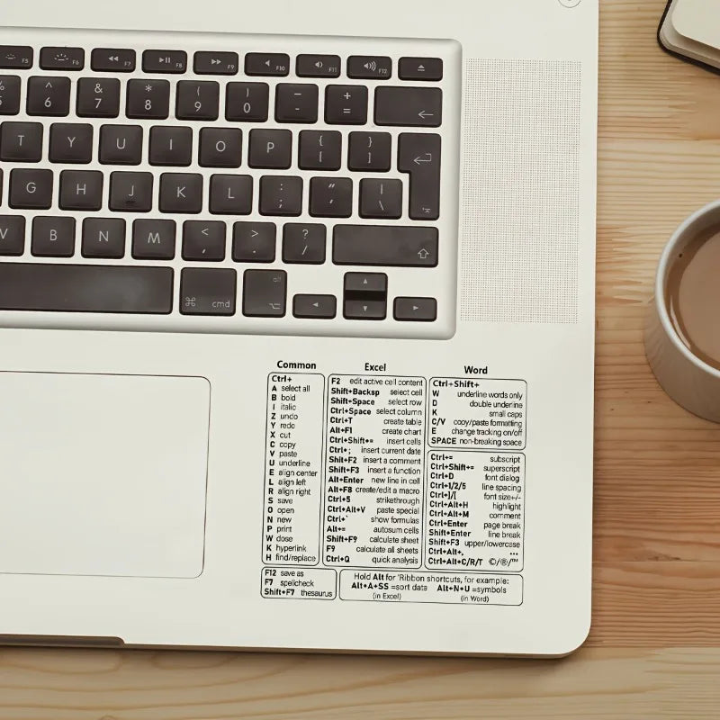 A close-up view of a laptop keyboard with vinyl shortcut stickers for Windows, Excel, and Word