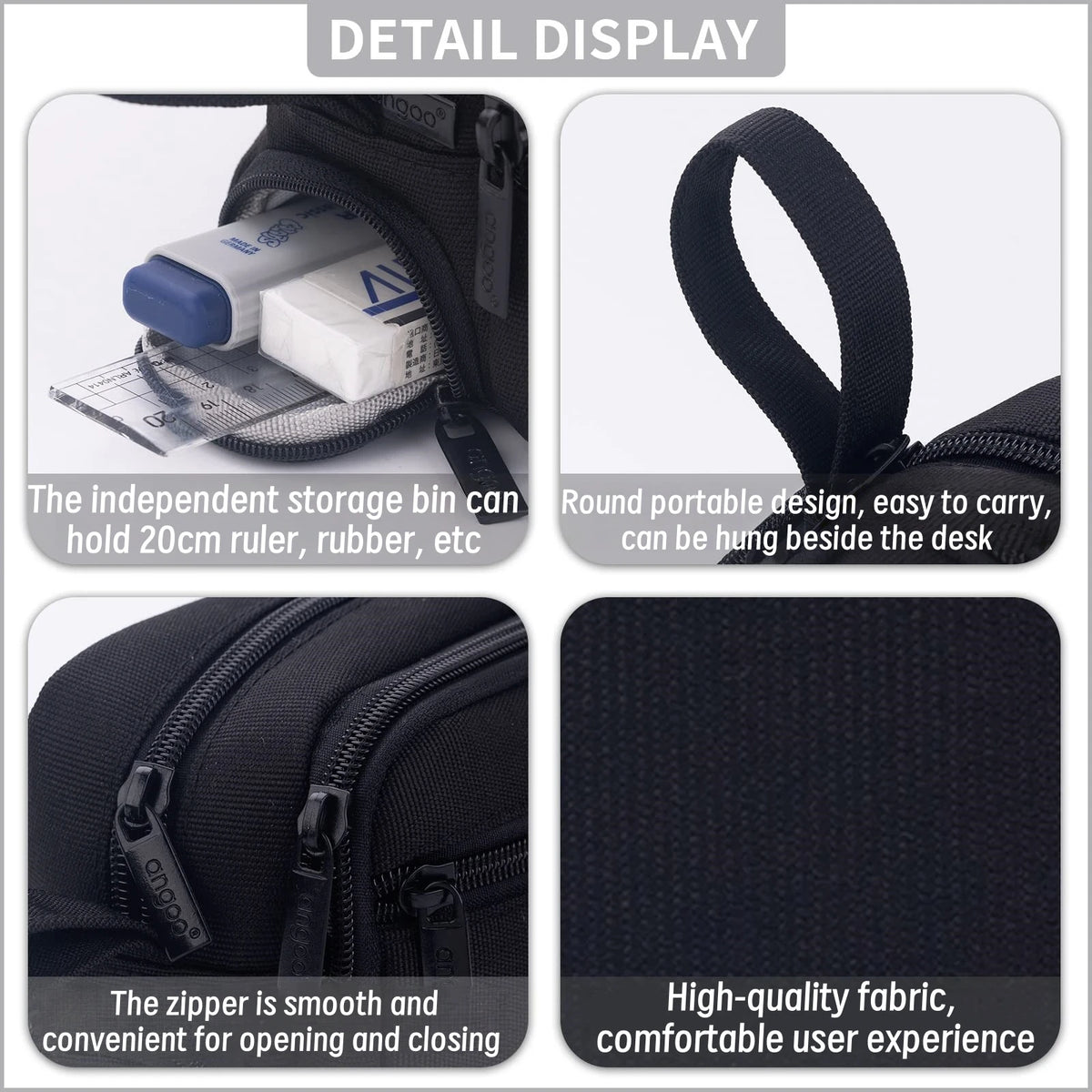 Detail display of a black multi-layer stationery storage pencil case showing storage capacity, design, fabric quality, and zi