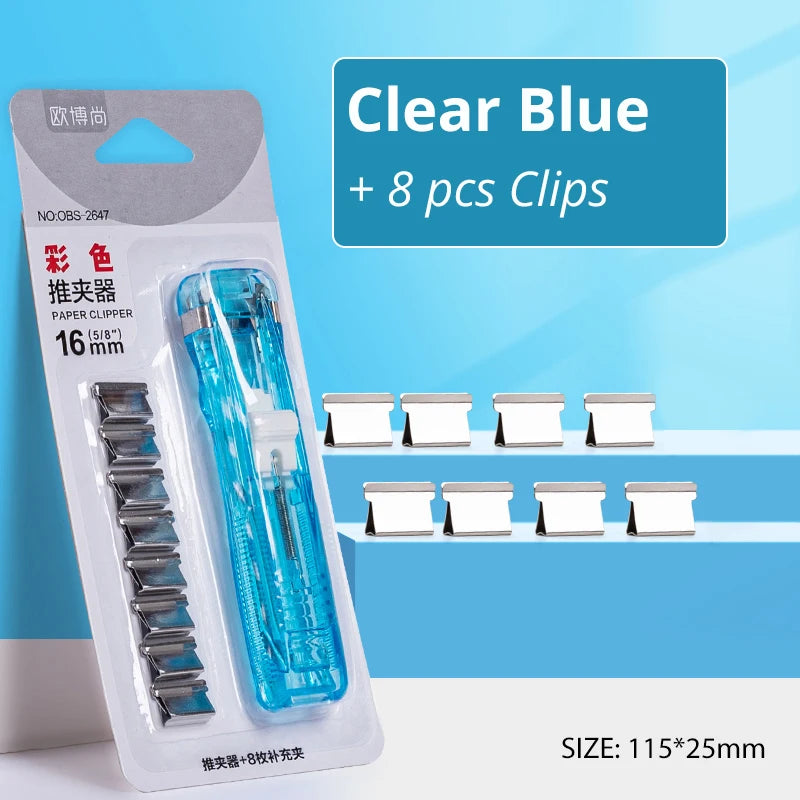 Clear Blue paper clips and a paper clipper set with 8 pieces in a plastic packaging
