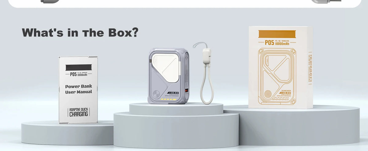 A box containing a magnetic wireless power bank, its user manual, and a foldable plug.