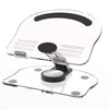A clear acrylic tablet and phone stand with adjustable features.