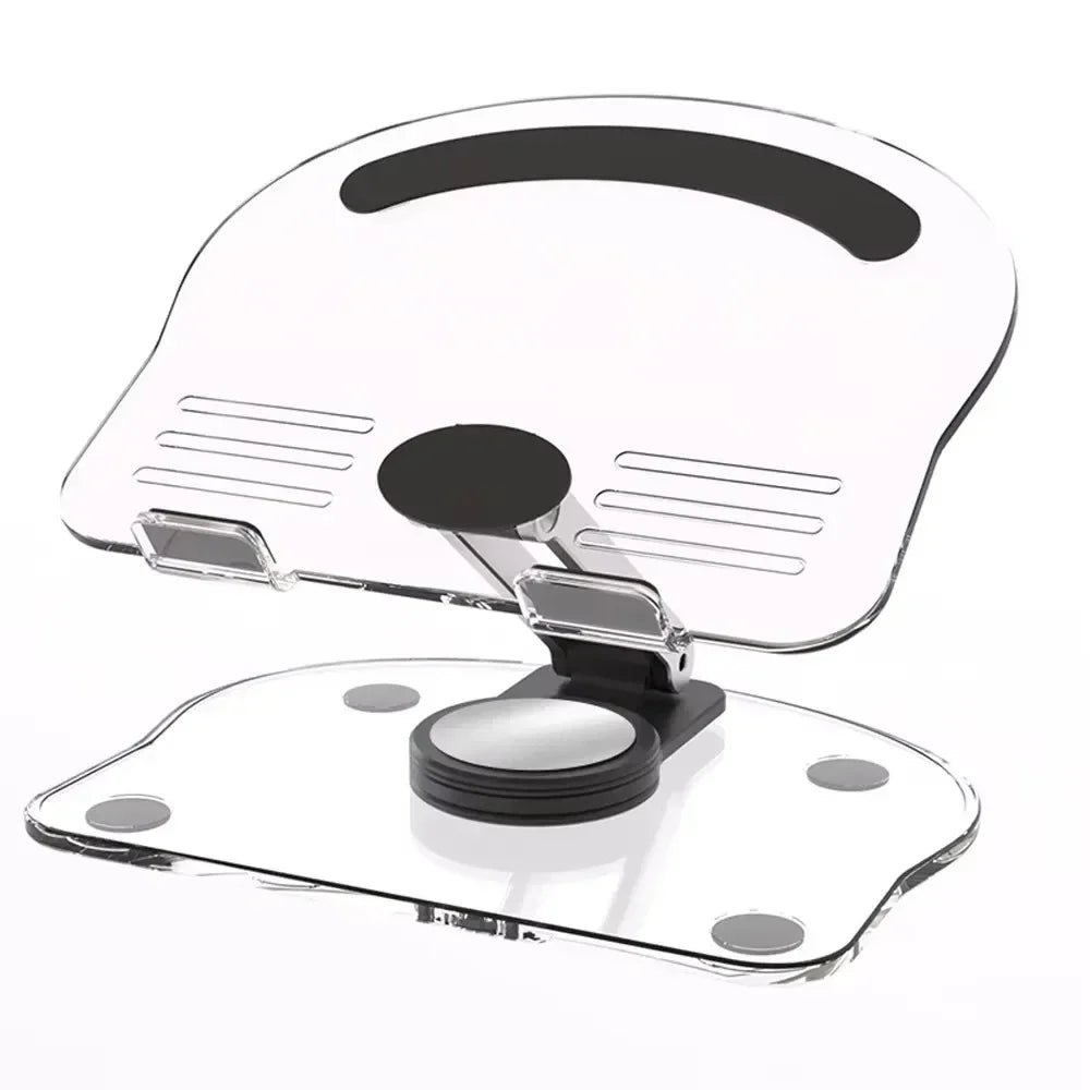 A clear acrylic tablet and phone stand with adjustable features.