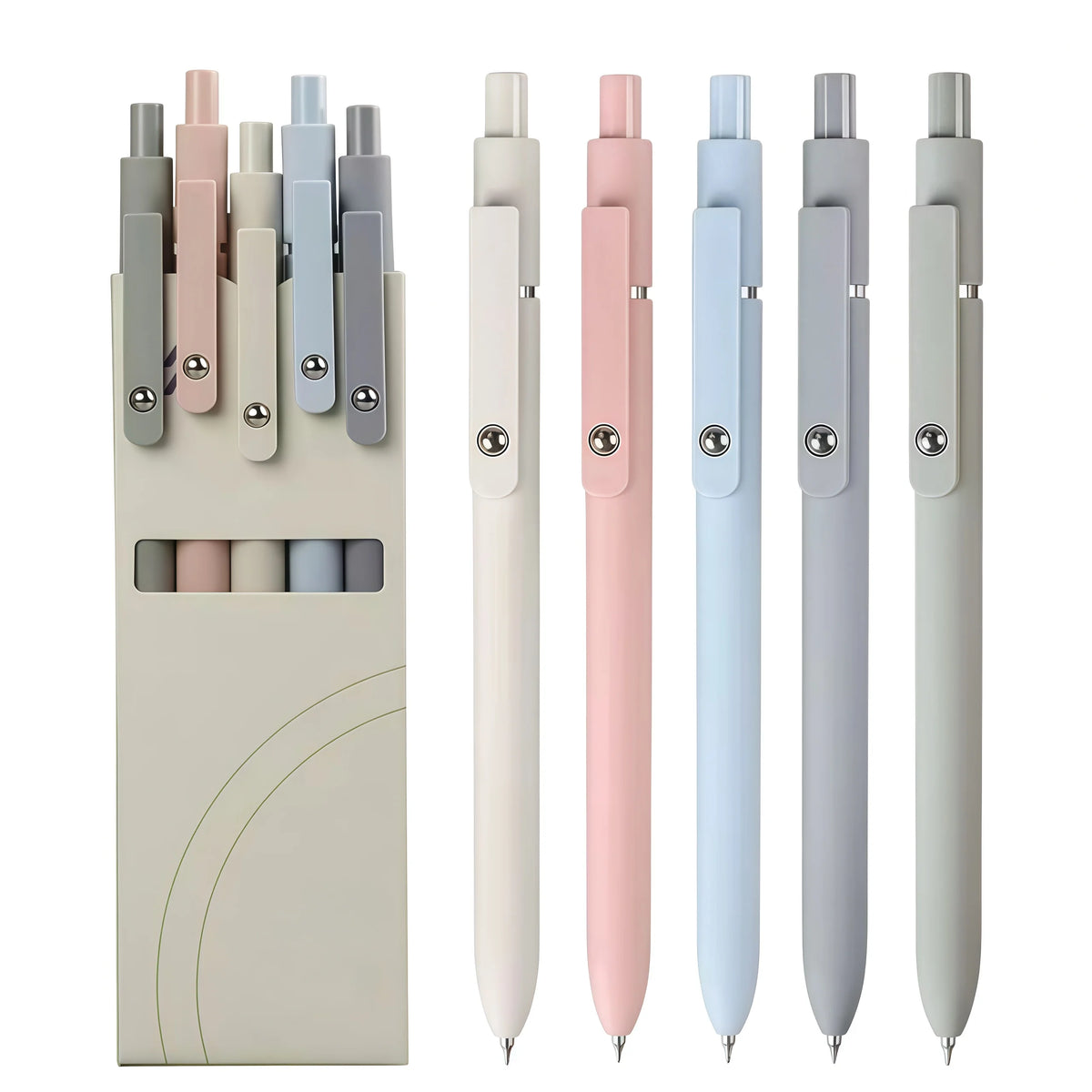 A set of six soft touch gel ink pens in various pastel shades, including pink, blue, and gray.