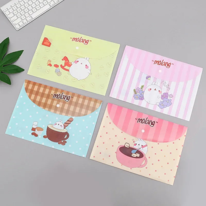 A set of four cute cartoon transparent document pouches with molang designs on a gray background.