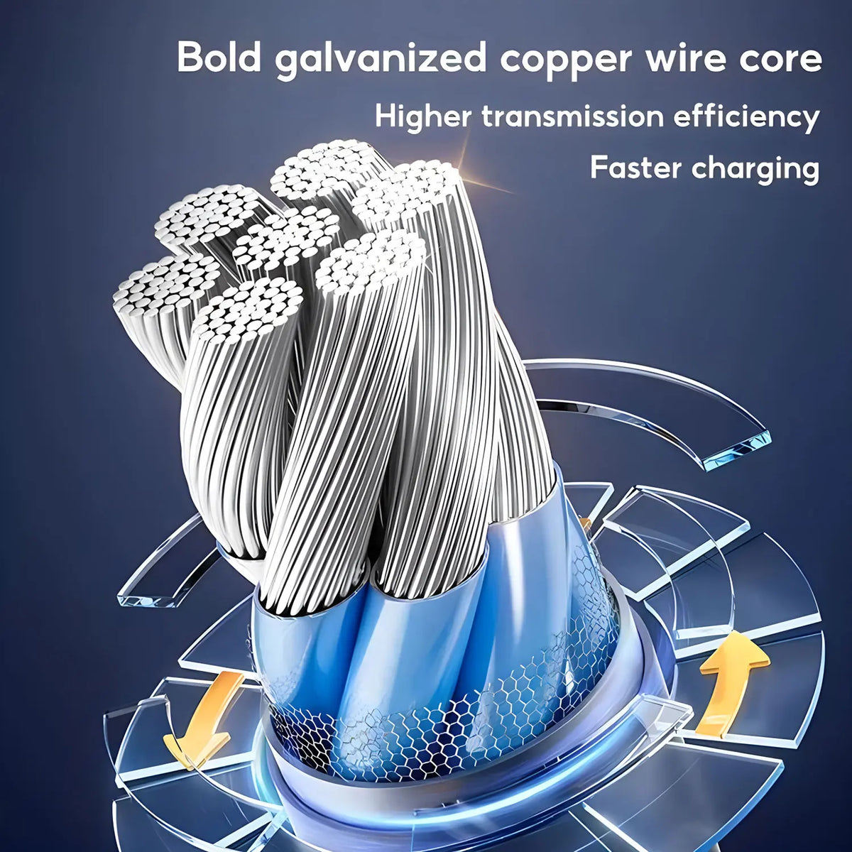A close-up of a bold galvanized copper wire core charging cable with rotating connectors shown in a blue and silver context.