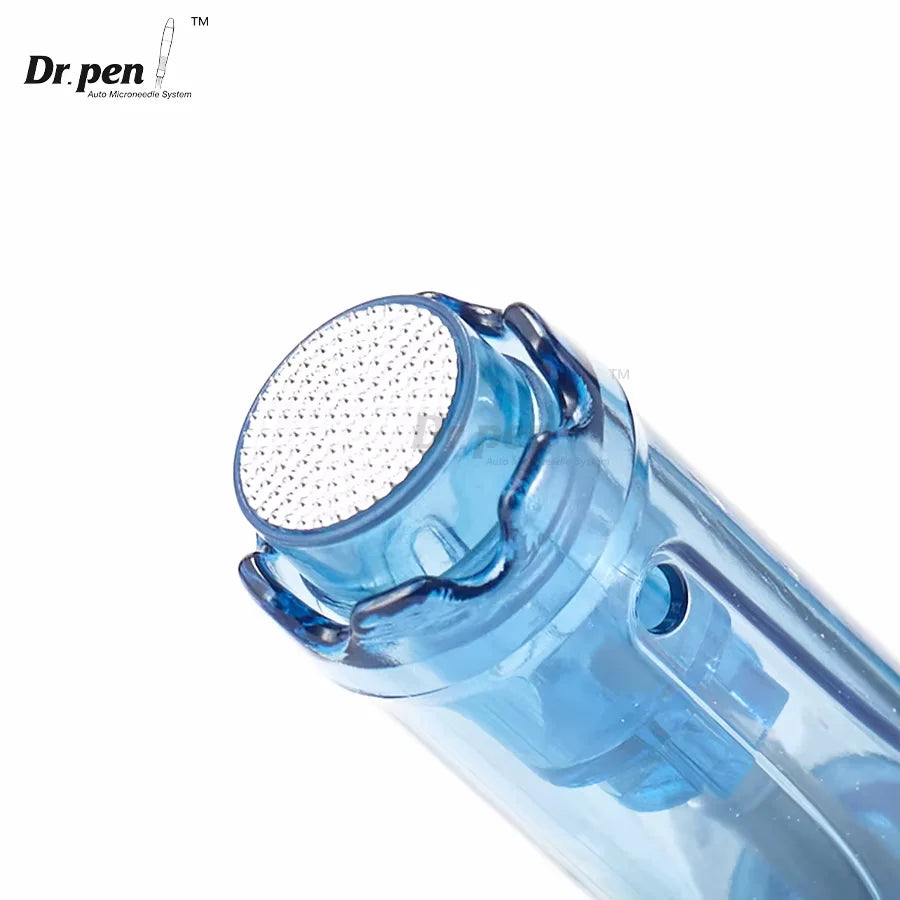 Close-up view of a blue Dr. pen microneedling cartridge with a perforated tip.