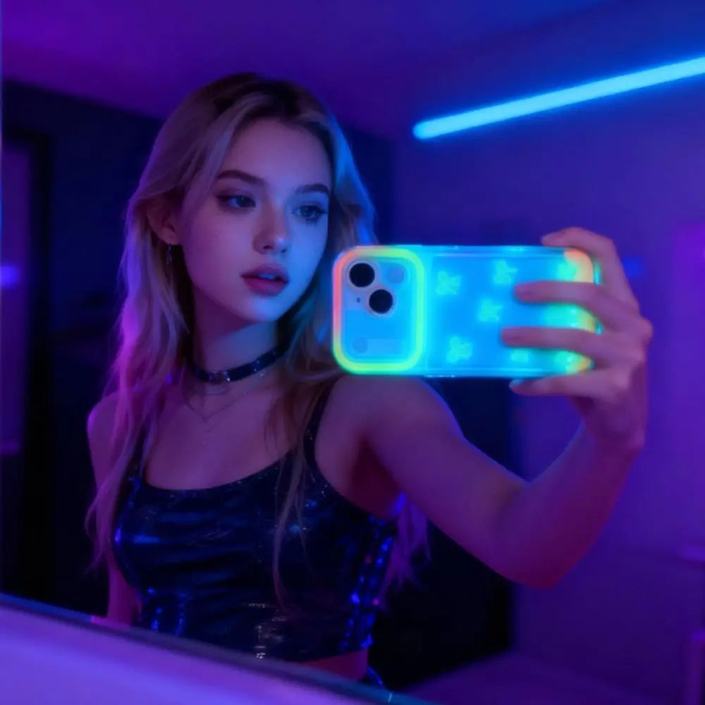 A woman holds a glowing blue LED bowknot case for an iPhone in a dark room.