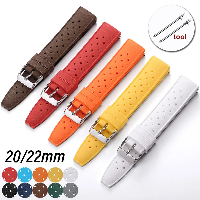 A collection of various colored perforated silicone watch straps with quick release buckles and a tool.