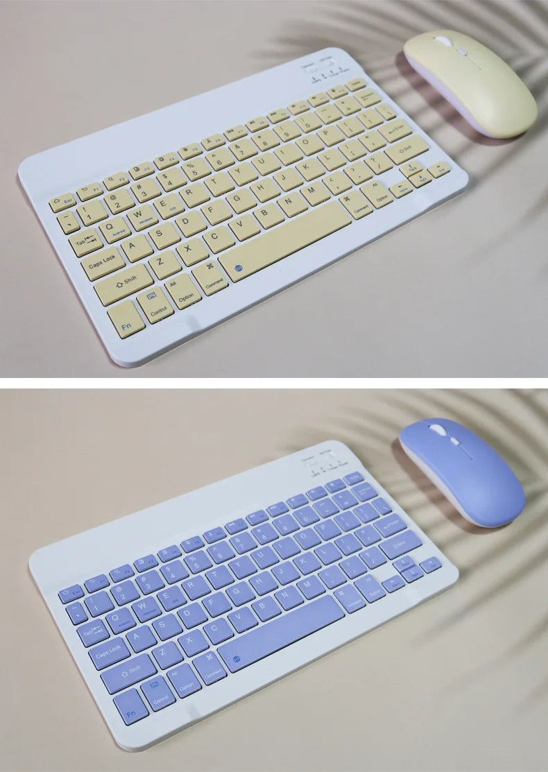 Weiße Mini-Bluetooth-Tastatur und Maus-Kombination mit hellgelben Tasten und violetter Maus.