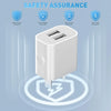 A white dual port wall charger demonstrating safety assurance features like short-circuit, over-voltage, and over-current pro