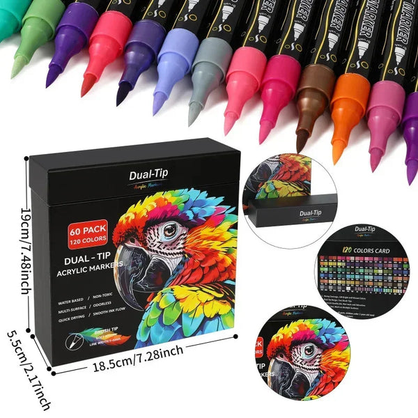 Set von Doppelspitzen-Acryl-Malerkugeln in verschiedenen Farben, verpackt in einer schwarzen Box mit Farbkarten.