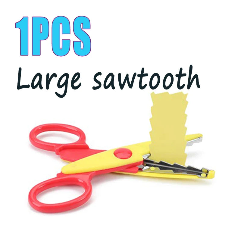 A pair of yellow and red large sawtooth scissors with a yellow blade shown against a white background.