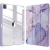 A purple marble patterned protective case for an iPad, featuring gold accents.