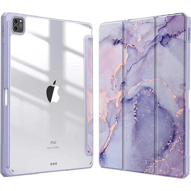 A purple and gold marbled protective case for an iPad, shown in two views.