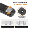 A black heavy-duty metal stapler with a rotatable anvil and options for permanent or temporary stapling.